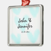 white simple minimal text style wedding blue heart メタルオーナメント (左)