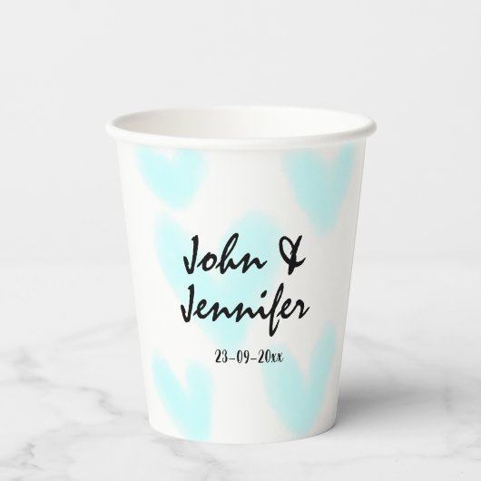 white simple minimal text style wedding blue heart 紙コップ (裏面)