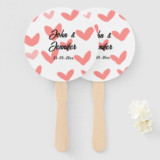 white simple minimal text style wedding red heart  ハンドファン (正面&裏面)