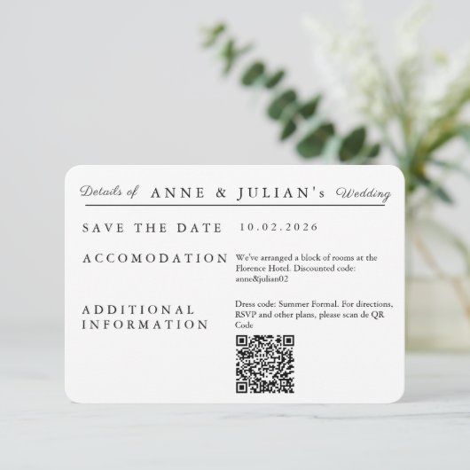 White Simple Wedding Invitation Details Card 出欠カード (スタンド正面)