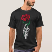 White Skeleton Hand Holding Rose Flower Funny Vale Tシャツ (正面)