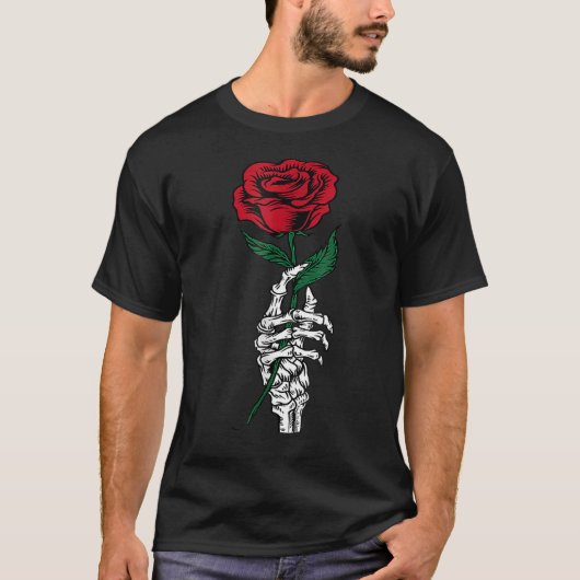 White Skeleton Hand Holding Rose Flower Funny Vale Tシャツ (正面)