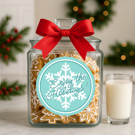 White Snowflake On Teal Aqua Turquoise Blue Green ラウンドシール