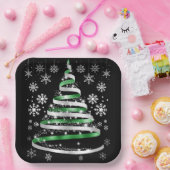 White Snowflake Silver Green Ribbon Christmas Tree ペーパープレート (パーティー)