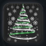 White Snowflake Silver Green Ribbon Christmas Tree ペーパープレート<br><div class="desc">White Snowflake Silver Green Ribbon Christmas Tree Holiday themed design</div>