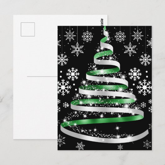 White Snowflake Silver Green Ribbon Christmas Tree ポストカード (正面/裏面)