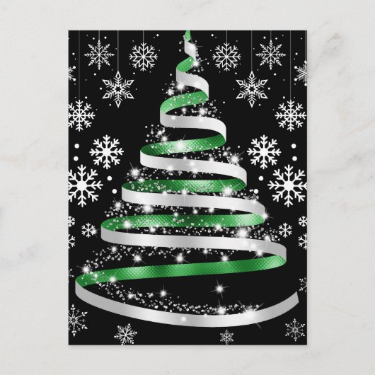 White Snowflake Silver Green Ribbon Christmas Tree ポストカード (正面)