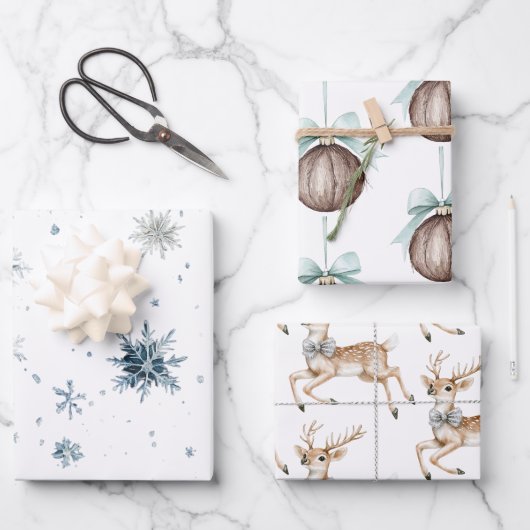 White Snowflakes Deer Coconut Ornaments ラッピングペーパーシート (正面)