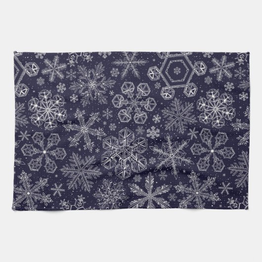 White Snowflakes on blue キッチンタオル (横)