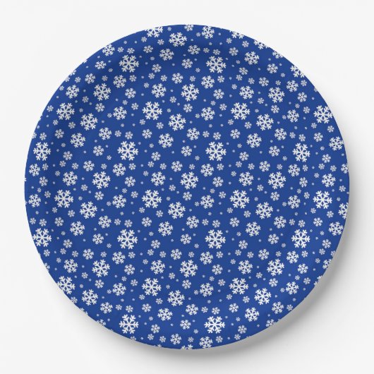 White Snowflakes on Dark Blue Winter Pattern ペーパープレート (正面)