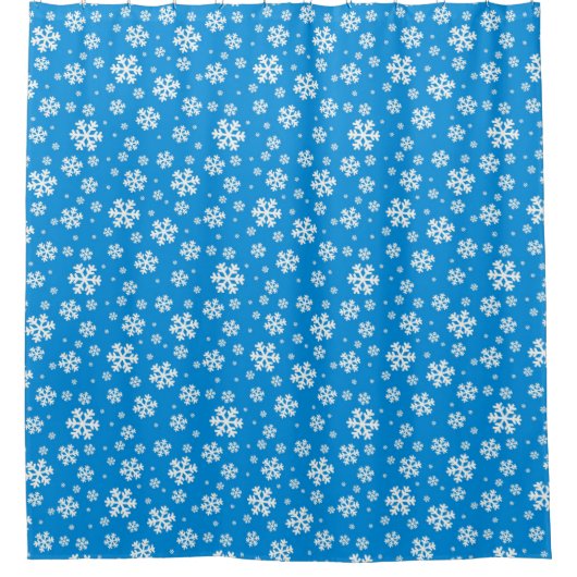 White Snowflakes on Mid Blue Winter Pattern シャワーカーテン (正面)