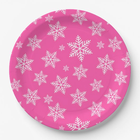White Snowflakes on Pink Winter Pattern ペーパープレート (正面)