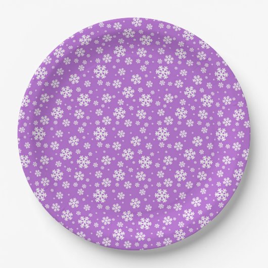 White Snowflakes on Purple Winter Pattern ペーパープレート (正面)