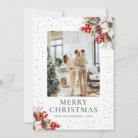 White Snowy Botanical Photo Christmas Card シーズンカード (正面)