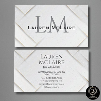 White Sparkle & Gold Accent Monogram Business Card 名刺
