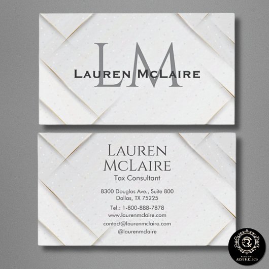 White Sparkle & Gold Accent Monogram Business Card 名刺