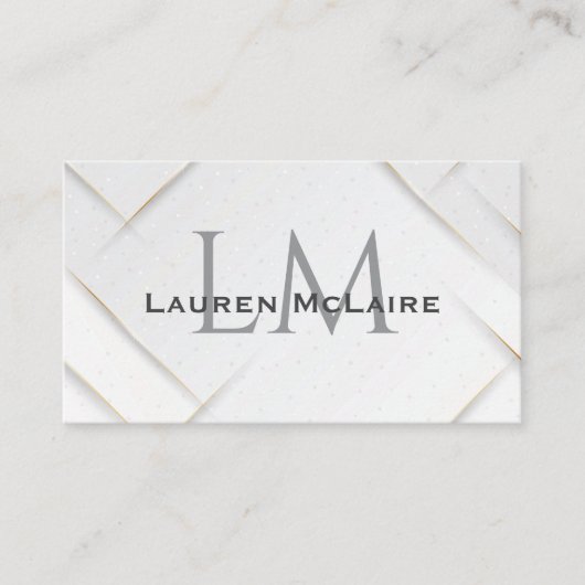 White Sparkle & Gold Accent Monogram Business Card 名刺 (正面)