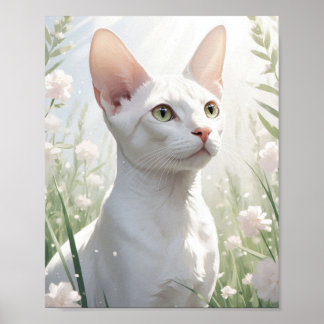 White Sphinx Cat and Flowers ポスター