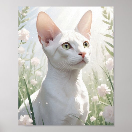 White Sphinx Cat and Flowers ポスター (正面)