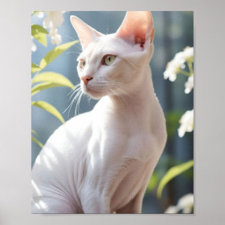 White Sphinx Cat and Flowers ポスター