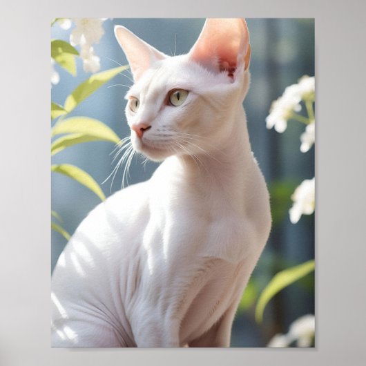 White Sphinx Cat and Flowers ポスター (正面)