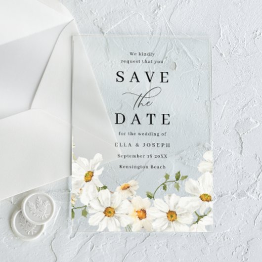 White Spring Floral Wedding Save The Date アクリル招待状