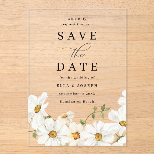 White Spring Floral Wedding Save The Date アクリル招待状 (正面)