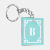 White Square Greek Key Border Aqua Blue Monogram キーホルダー (正面左)