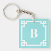 White Square Greek Key Border Aqua Blue Monogram キーホルダー (正面)
