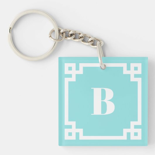 White Square Greek Key Border Aqua Blue Monogram キーホルダー (正面)