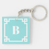 White Square Greek Key Border Aqua Blue Monogram キーホルダー (裏面)