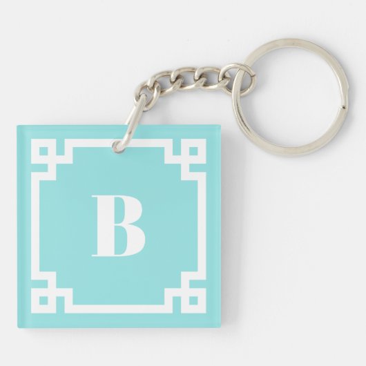 White Square Greek Key Border Aqua Blue Monogram キーホルダー (裏面)