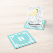 White Square Greek Key Border Aqua Blue Monogram スクエアペーパーコースター (インサイチュ)