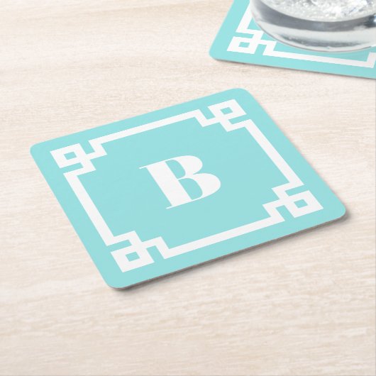 White Square Greek Key Border Aqua Blue Monogram スクエアペーパーコースター (アングル)