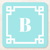 White Square Greek Key Border Aqua Blue Monogram スクエアペーパーコースター (正面)