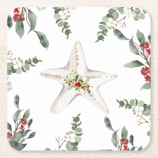 White Starfish Beach Christmas Holiday スクエアペーパーコースター (正面)