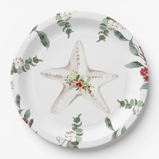 White Starfish Beach Christmas Holiday ペーパープレート (正面)