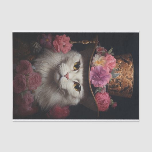 White Steampunk Cat, Roses, Decoupage 薄葉紙 (正面)