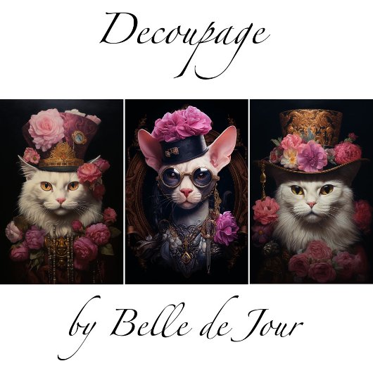 White Steampunk Cats, Roses, Decoupage ラッピングペーパーシート