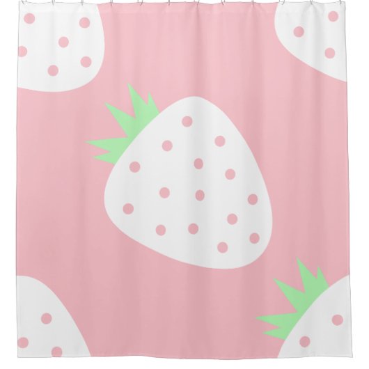 white strawberry pastel pink fruit print シャワーカーテン (正面)