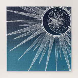 White Sun Moon Mandala Blue Gradient Design ジグソーパズル