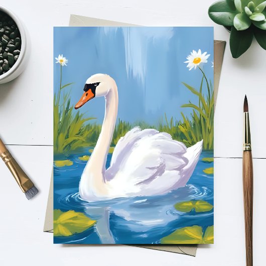 White Swan | Pond Watercolor Bird Painting ポストカード