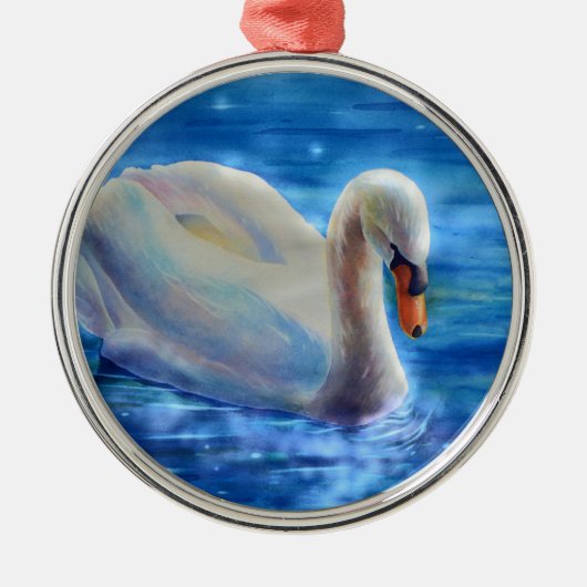 White swan watercolor painting メタルオーナメント (正面)