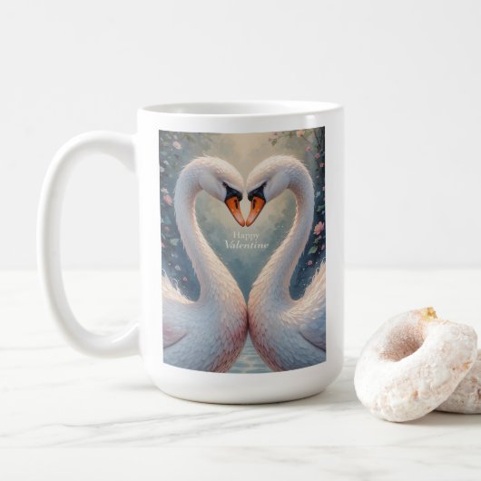 White Swans Valentine Romantic Love Birds コーヒーマグカップ (ドーナツ)