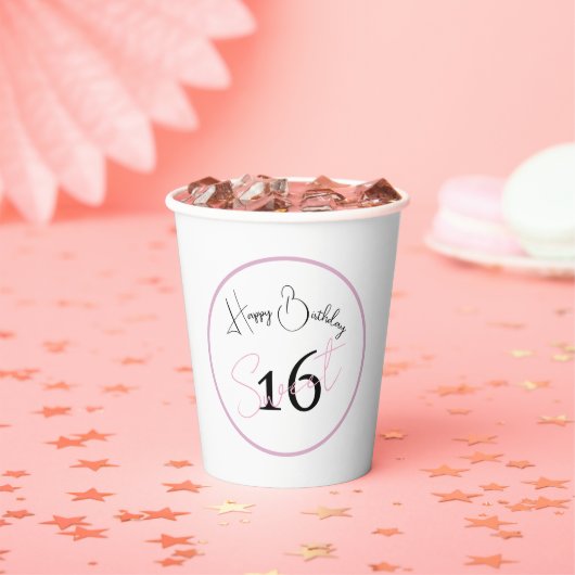 White Sweet 16 Pink & Black Script Paper cup 紙コップ (インサイチュ)