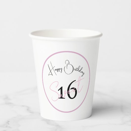 White Sweet 16 Pink & Black Script Paper cup 紙コップ (裏面)