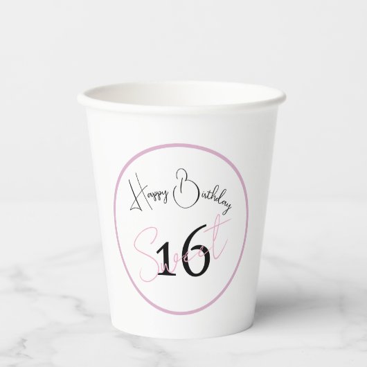White Sweet 16 Pink & Black Script Paper cup 紙コップ (正面)