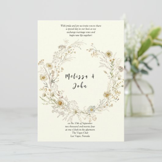 White Tan Rustic Boho Wildflower Wedding 招待状 (スタンド正面)