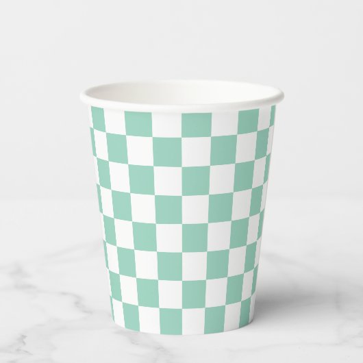 White & Teal Checkerboard Paper Cups 紙コップ (裏面)