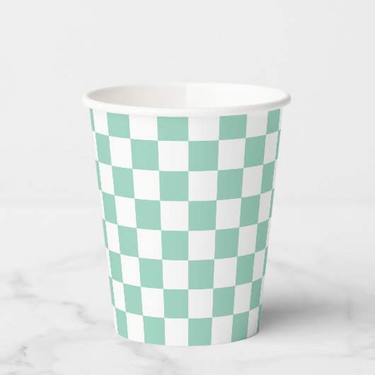 White & Teal Checkerboard Paper Cups 紙コップ (左)